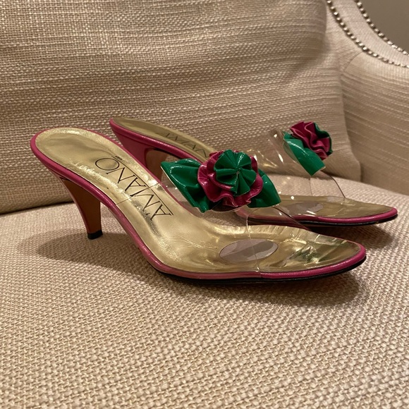 Amano Vintage Handmade Hot Pink Green Flower Clear Slide w H Pink Heel / Size 9N - Picture 4 of 16